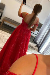 Red Prom Dress Sparkly Detachable Train Sequined Long Evening Dress with Slit